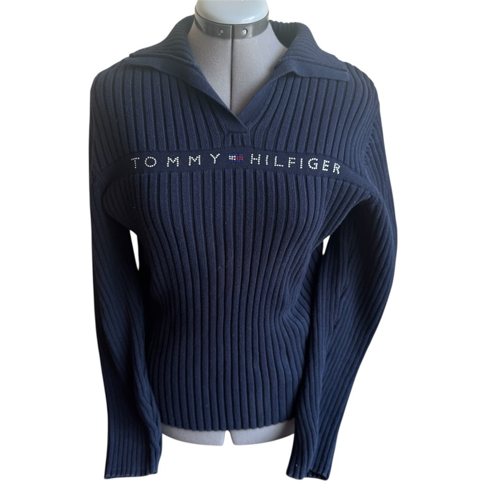 Tommy Hilfiger Bedazzled Logo Ribbed Knit Sweater Y2K Preppy Glam Navy Pullover
